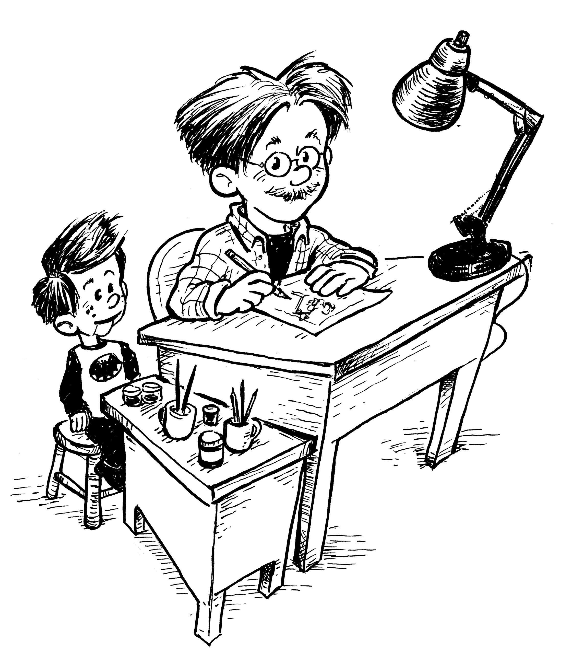 cartoon of cartoonist David Pitts sitting at his drawing table